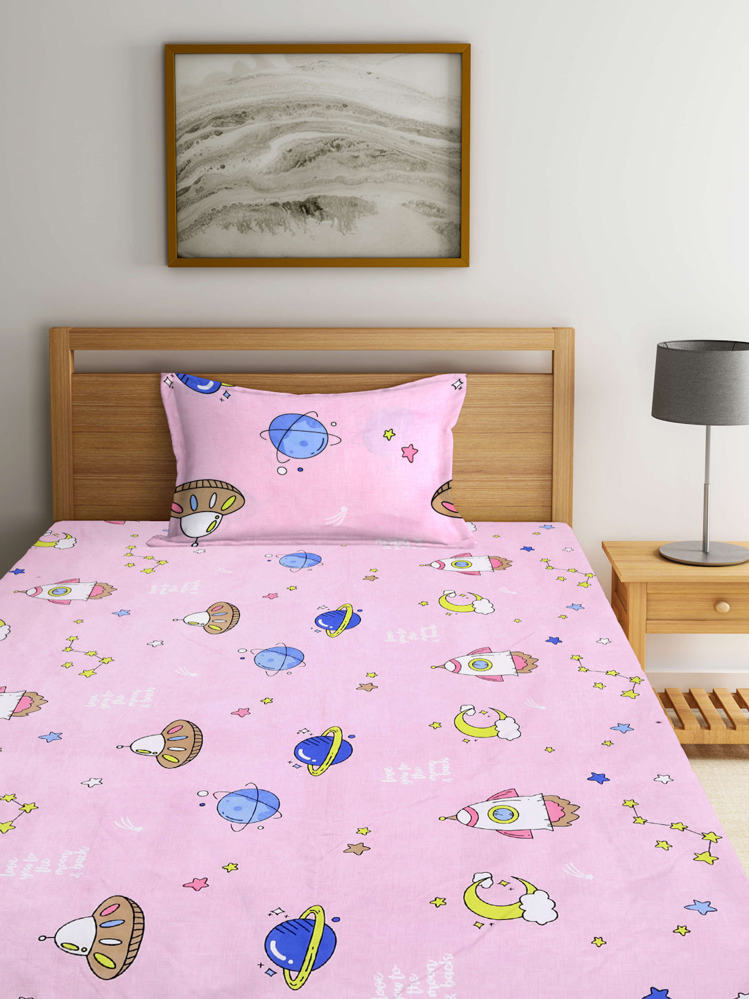 Arrabi Pink Cartoon TC Cotton Blend Single Size Fitted Bedsheet with 1 Pillow Cover (215 X 150 cm)