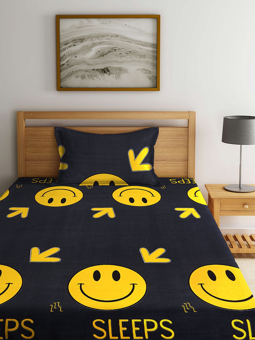 Arrabi Black Cartoon TC Cotton Blend Single Size Fitted Bedsheet with 1 Pillow Cover (220 X 150 cm)