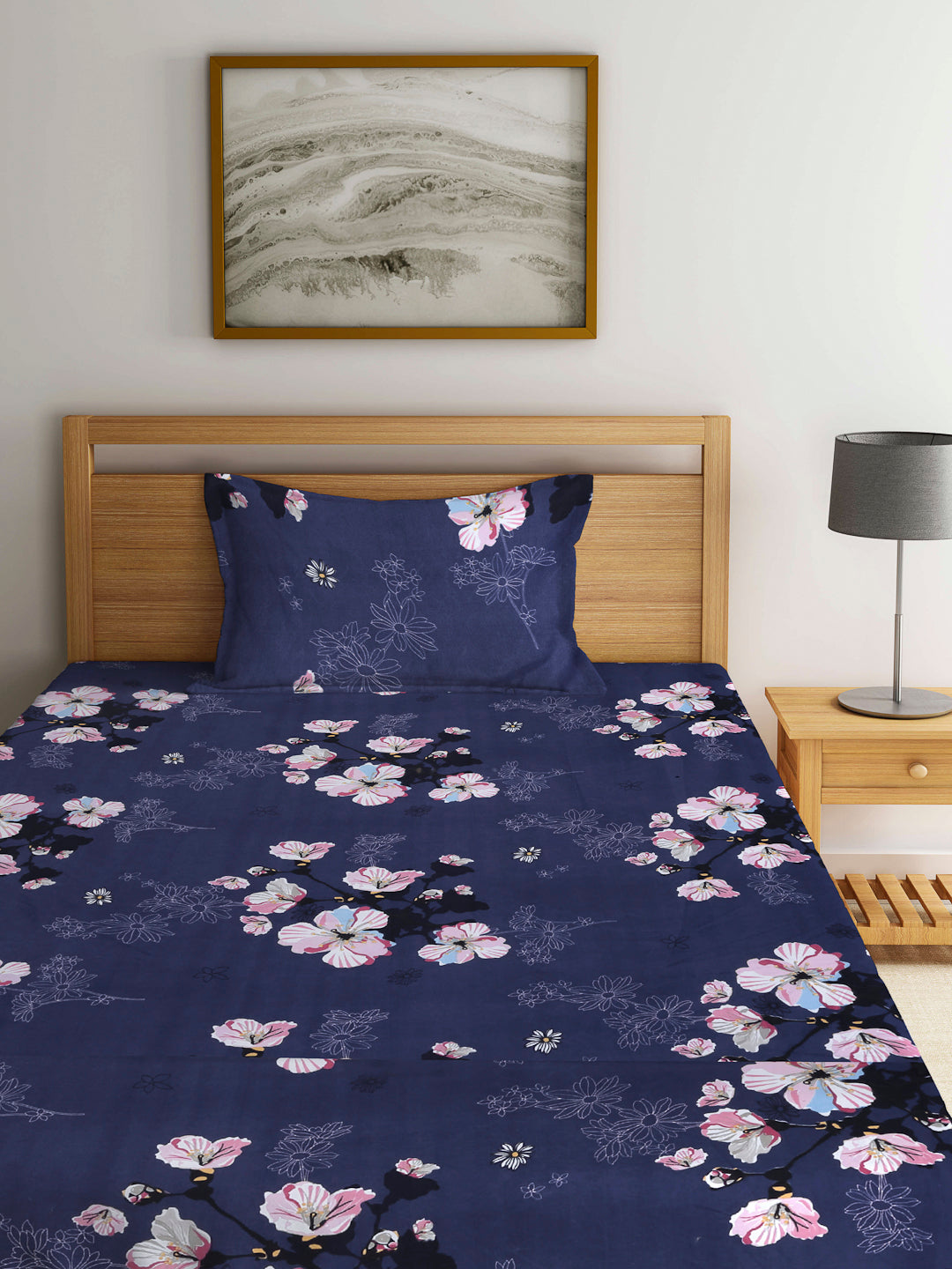 Arrabi Blue Floral TC Cotton Blend Single Size Fitted Bedsheet with 1 Pillow Cover (220 X 150 cm)