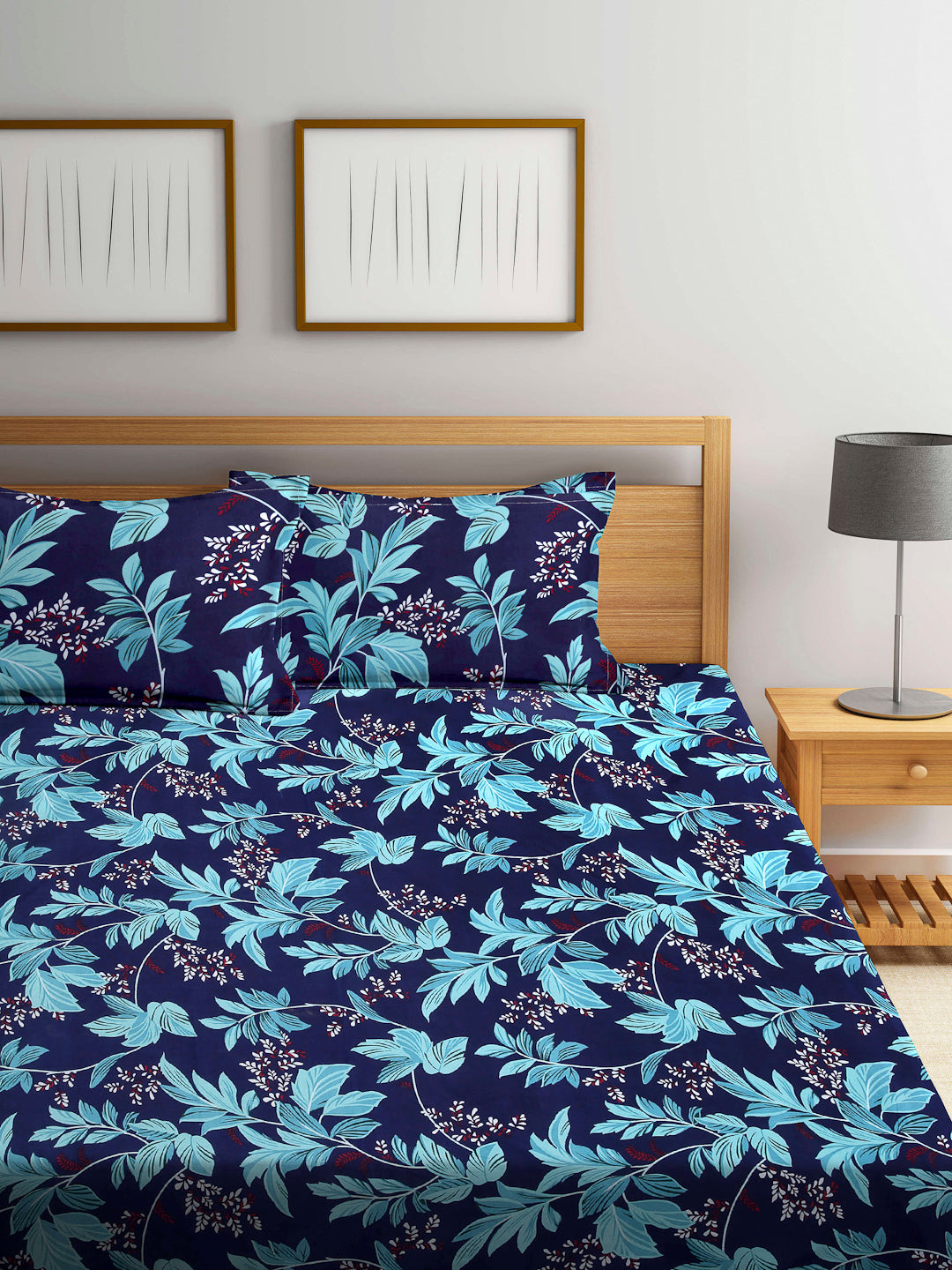 Arrabi Blue Leaf TC Cotton Blend King Size Bookfold Bedsheet with 2 Pillow Covers (250 X 220 cm)