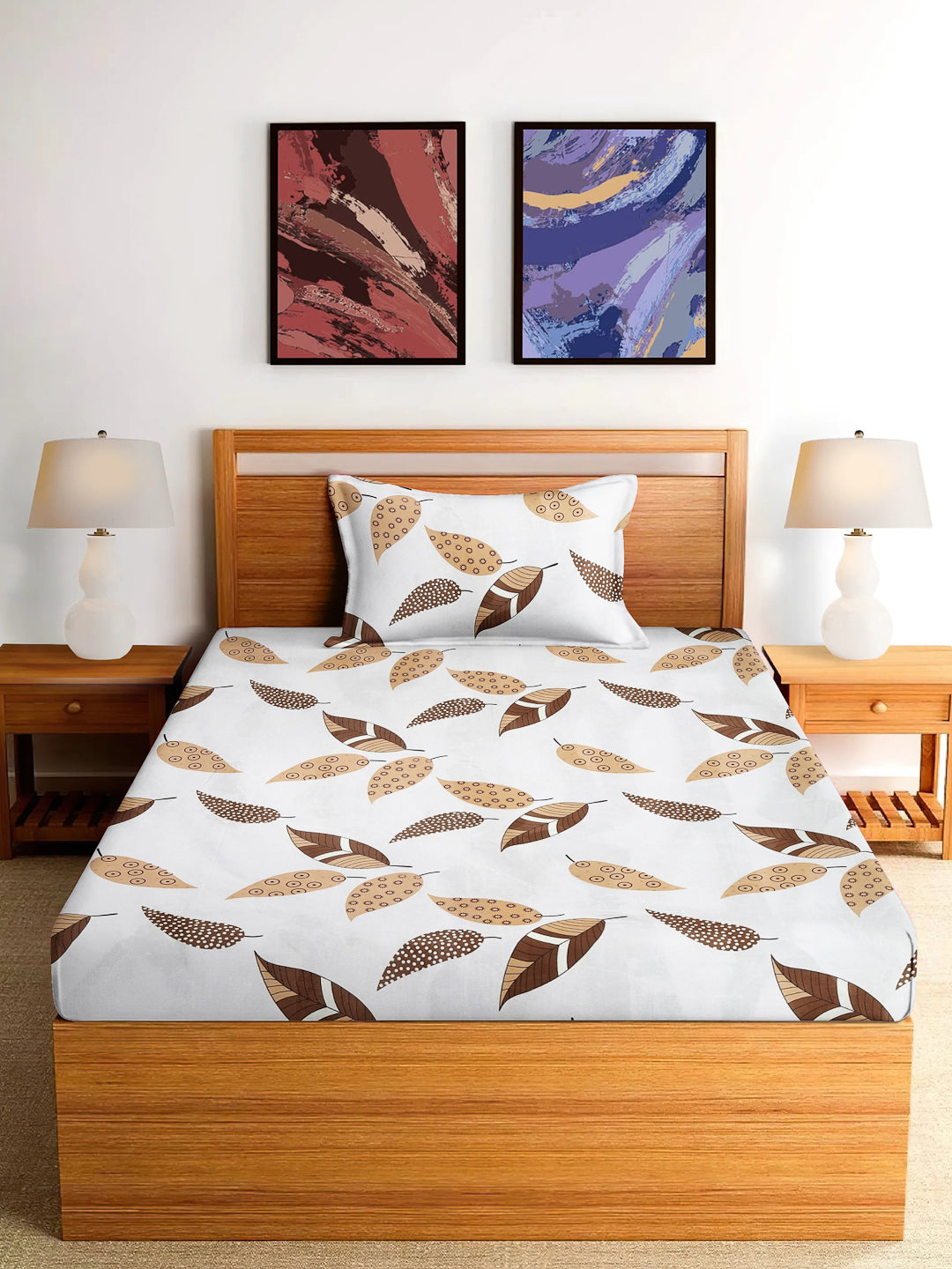 Arrabi Cream Leaf TC Cotton Blend Single Size Bedsheet with 1 Pillow Cover (215 x 150 cm)