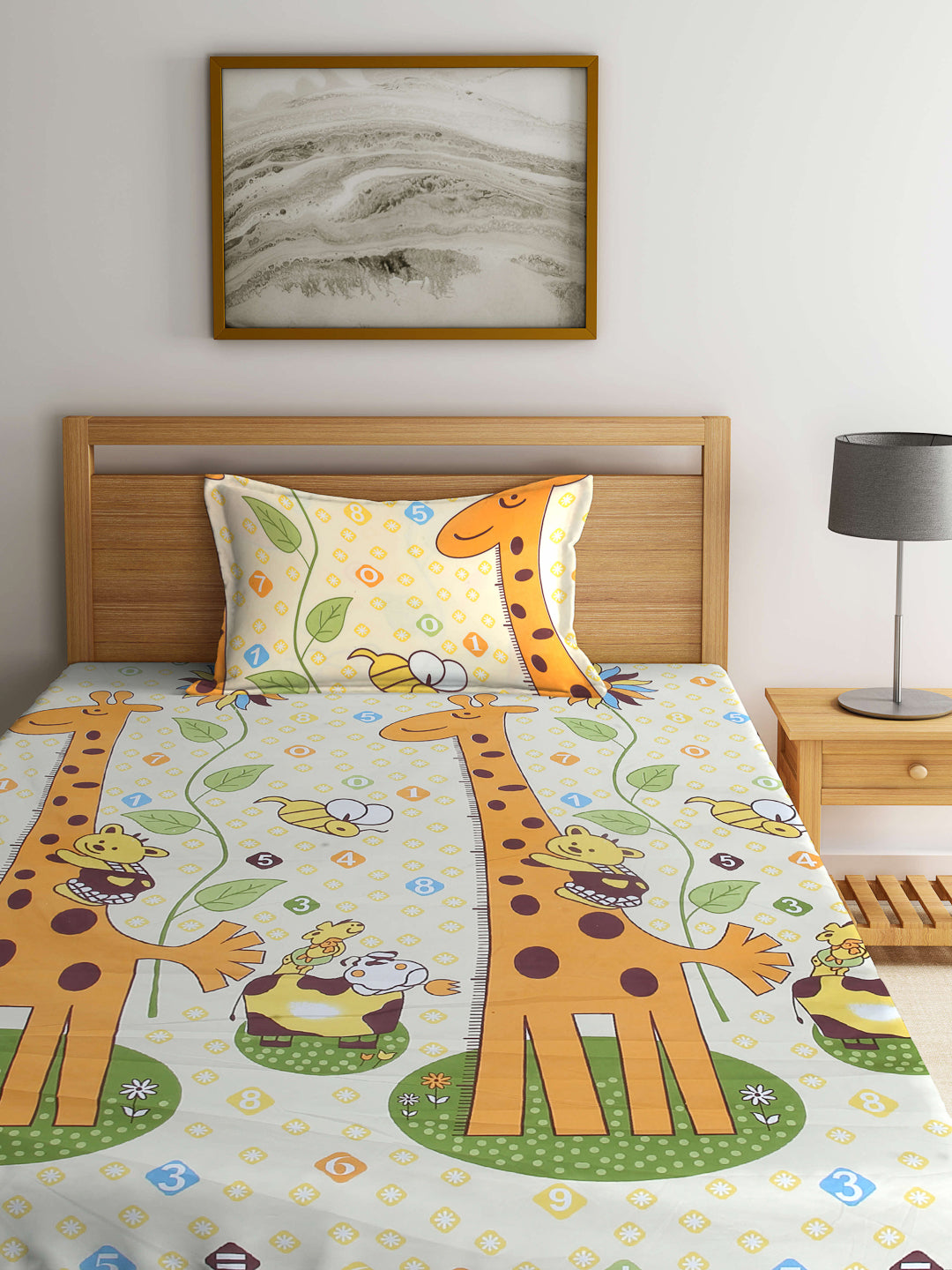 Arrabi Multi Cartoon TC Cotton Blend Single Size Bedsheet with 1 Pillow Cover (215 x 150 cm)