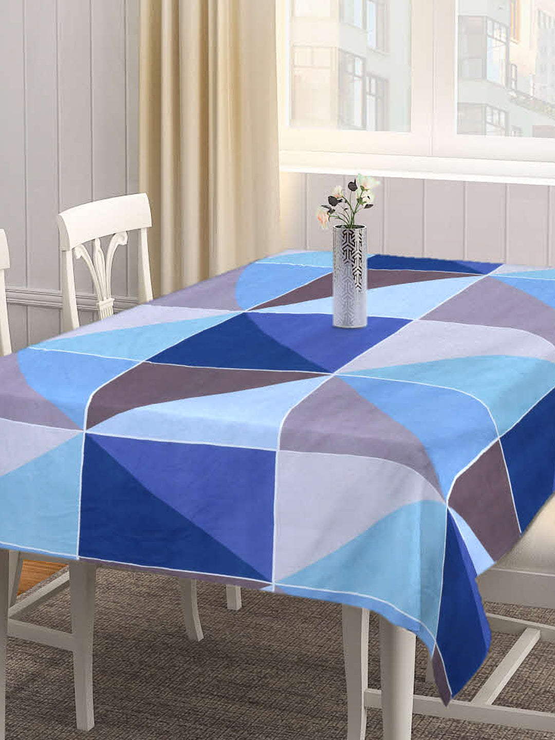 Arrabi Blue Geometric Cotton Blend 8 SEATER Table Cover (215 X 150 cm)