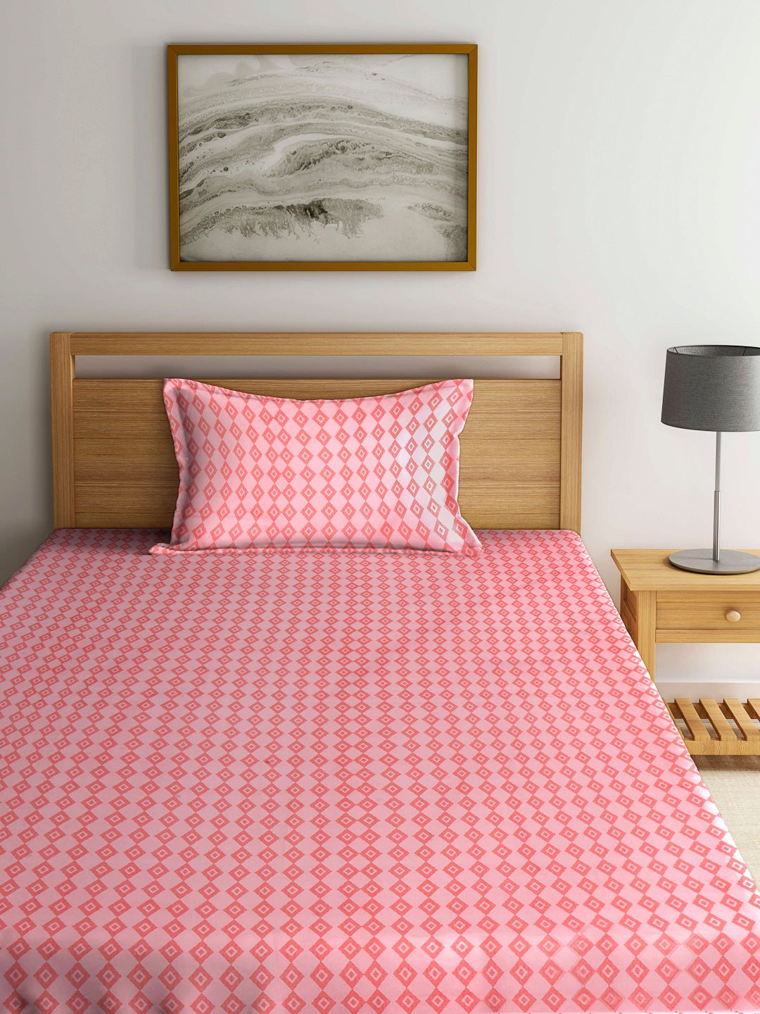 Arrabi Peach Graphic TC Cotton Blend Single Size Fitted Bedsheet with 1 Pillow Cover (220 X 150 cm)