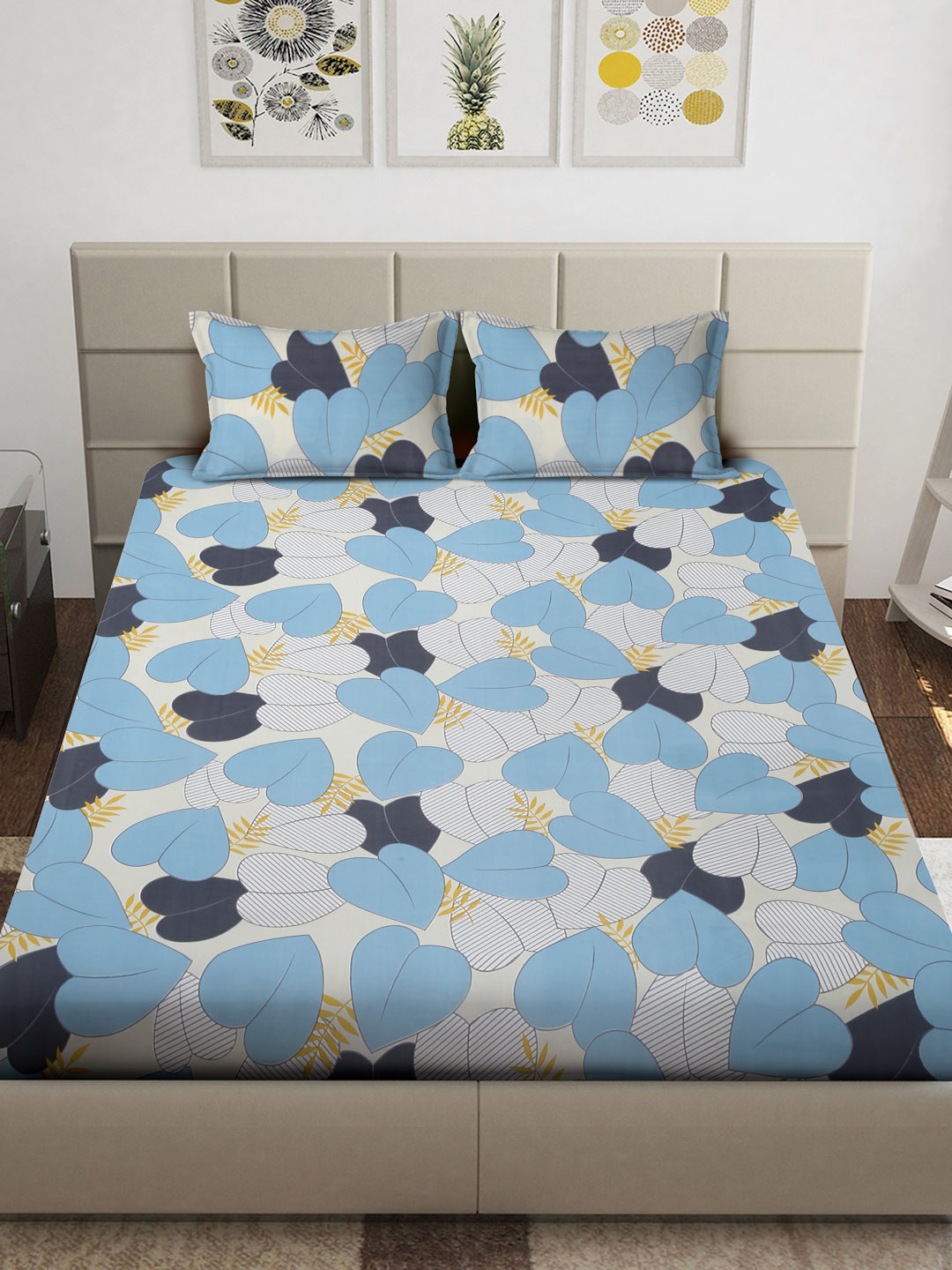 Arrabi Blue Geometric TC Cotton Blend King Size Bedsheet with 2 Pillow Covers (250 x 215 cm)