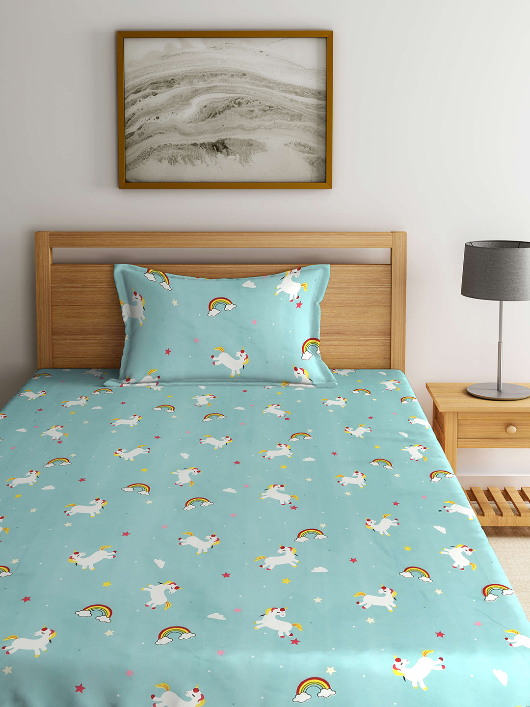 Arrabi Multi Cartoon TC Cotton Blend Single Size Bedsheet with 1 Pillow Cover (215 x 150 cm)