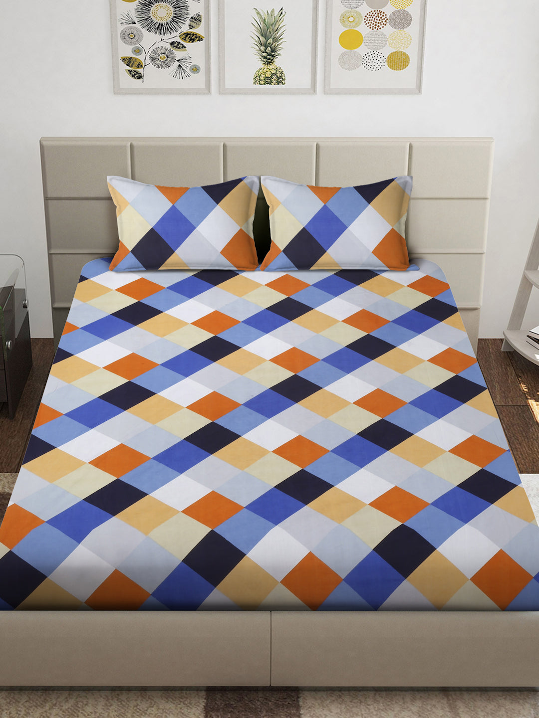 Arrabi Multi Geometric TC Cotton Blend King Size Bedsheet with 2 Pillow Covers (250 x 215 cm)