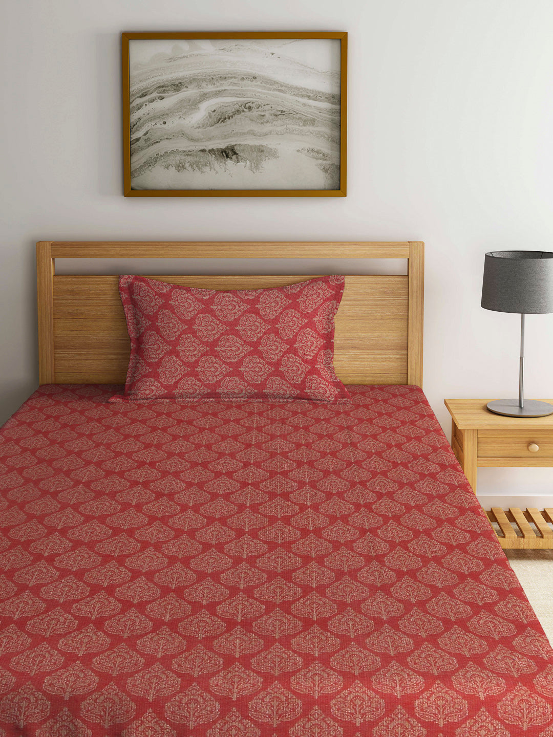 Arrabi Red Indian Handwoven Cotton Single Size Bedsheet with 1 Pillow Cover (230 x 150 cm)