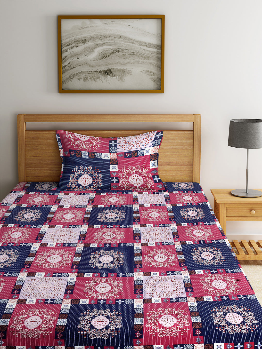 Arrabi Multi Geometric TC Cotton Blend Single Size Fitted Bedsheet with 1 Pillow Cover (215 X 150 cm)