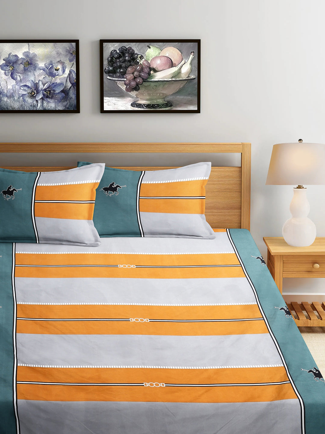 Arrabi Multi Stripes TC Cotton Blend Super King Size Fitted Bedsheet with 2 Pillow Covers (270 X 260 Cm)