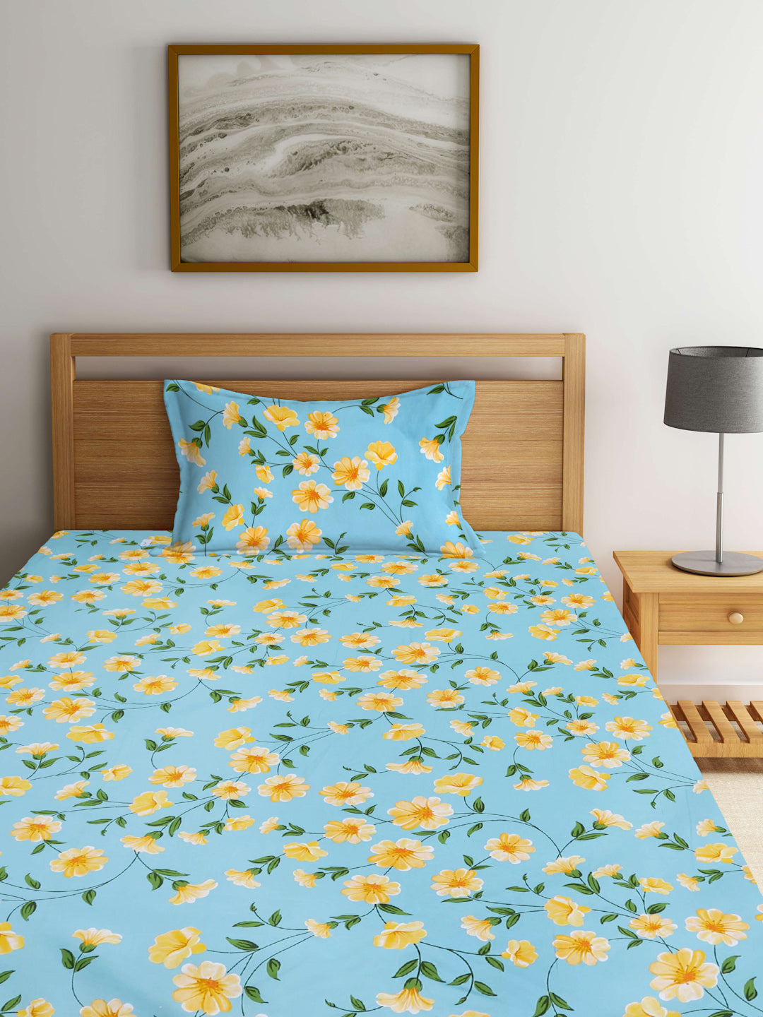 Arrabi Teal Floral TC Cotton Blend Single Size Bedsheet with 1 Pillow Cover (215 X 150 cm)