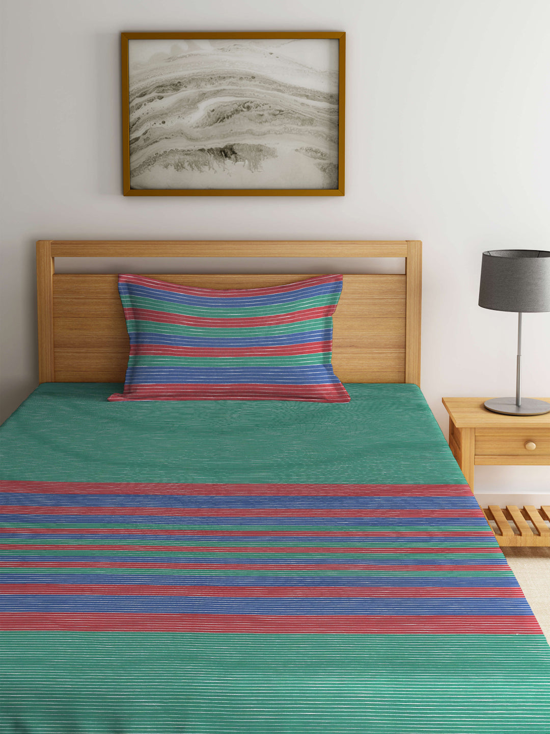 Arrabi Multi Geometric Handwoven Cotton Single Size Bedsheet with 1 Pillow Cover (215 x 150 cm)