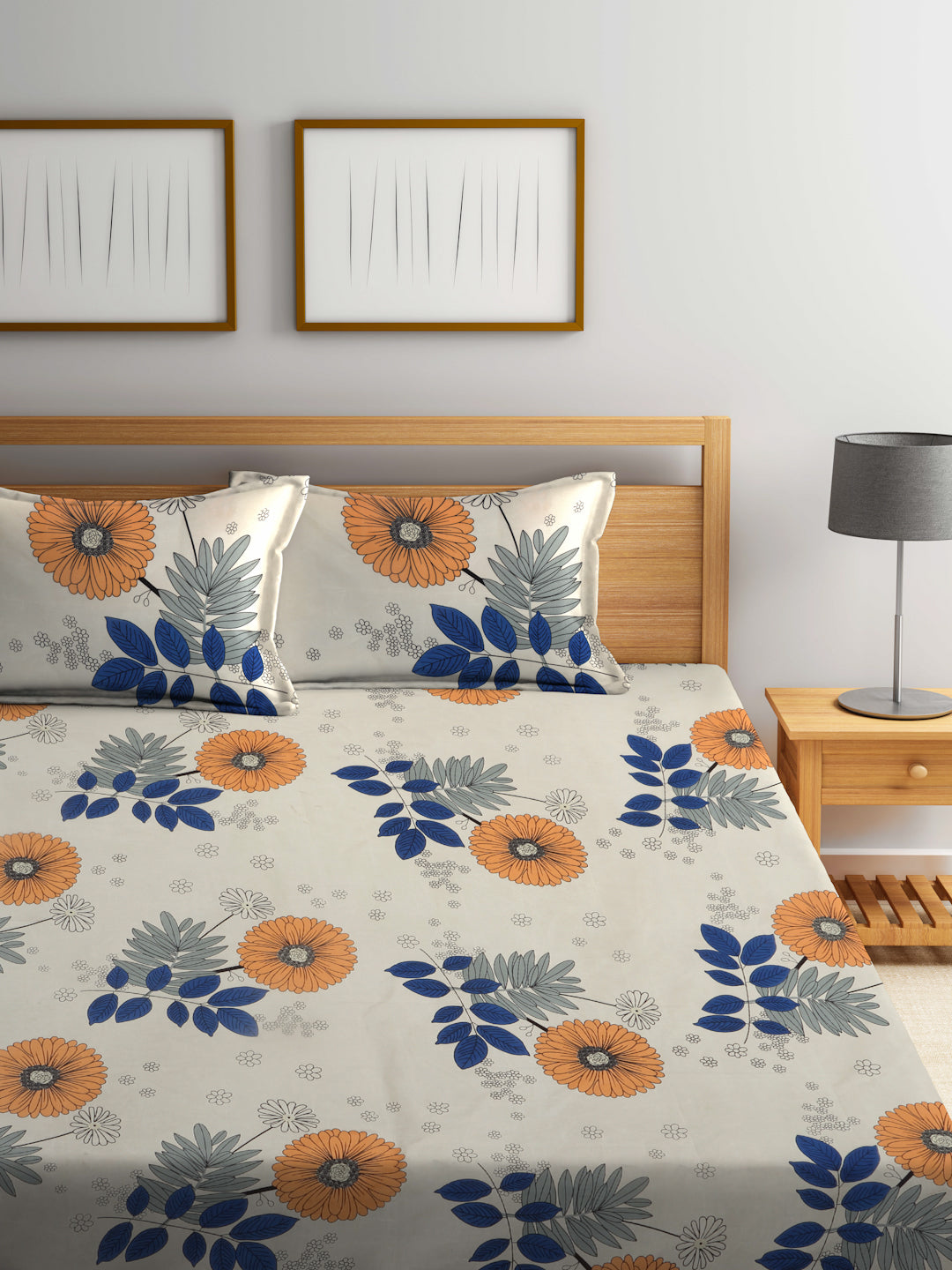 Arrabi Cream Floral TC Cotton Blend King Size Fitted Bedsheet with 2 Pillow Covers (250 X 215 Cm )