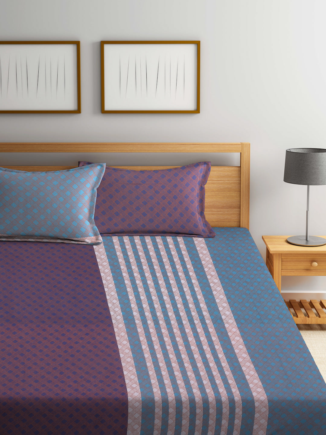 Arrabi Blue Stripes Handwoven Cotton King Size Bedsheet with 2 Pillow Covers (260 X 230 cm)