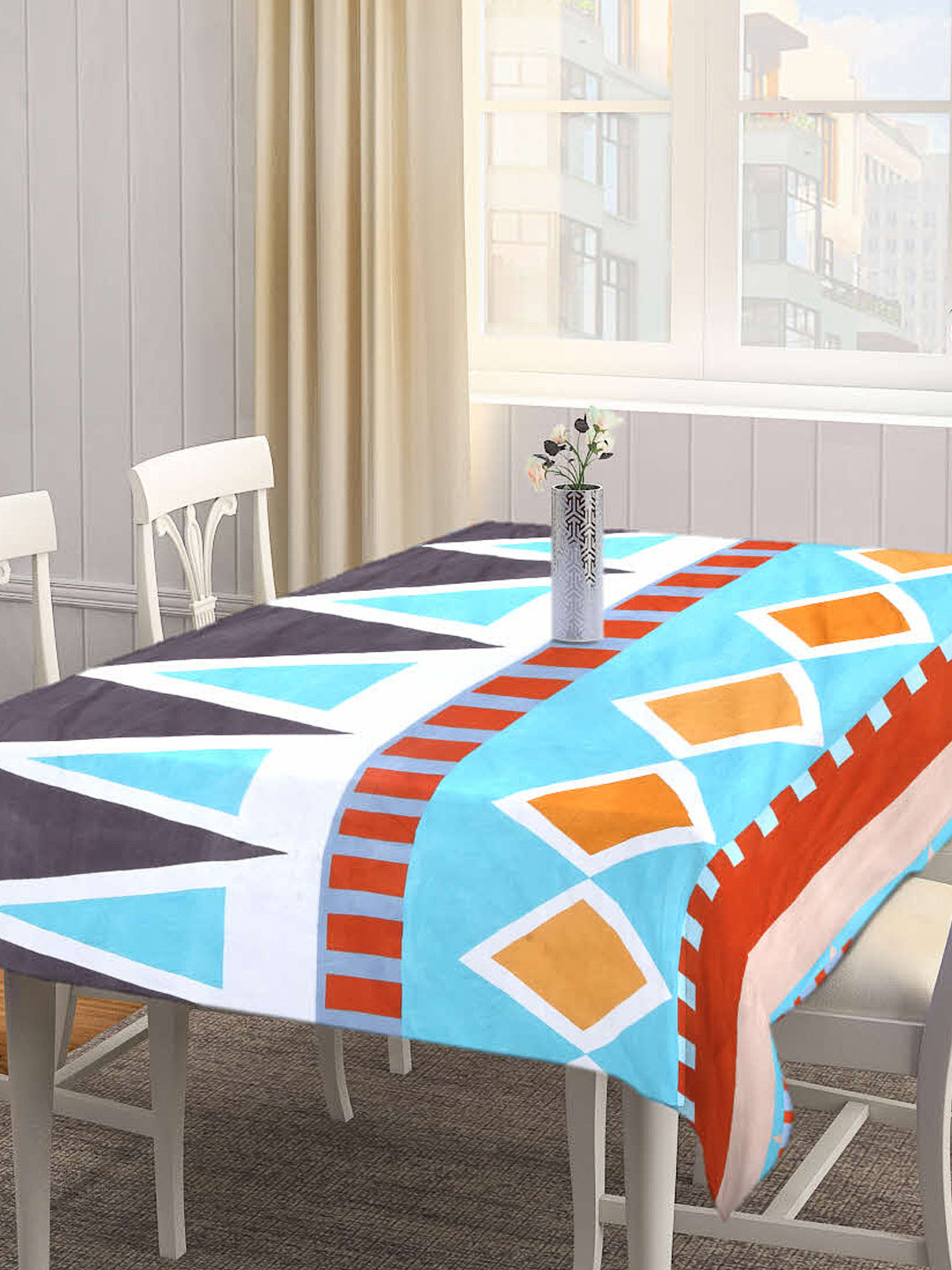 Arrabi Blue Geometric Cotton Blend 8 SEATER Table Cover (215 X 150 cm)