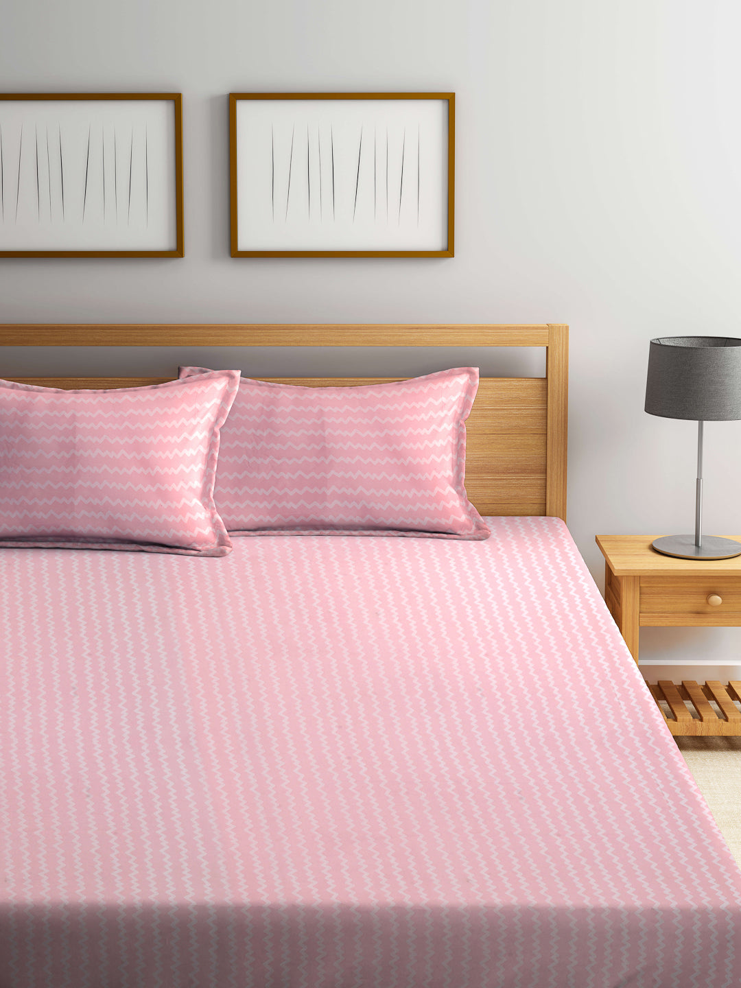 Arrabi Pink Stripes TC Cotton Blend King Size Bookfold Bedsheet with 2 Pillow Covers (250 X 215 cm)