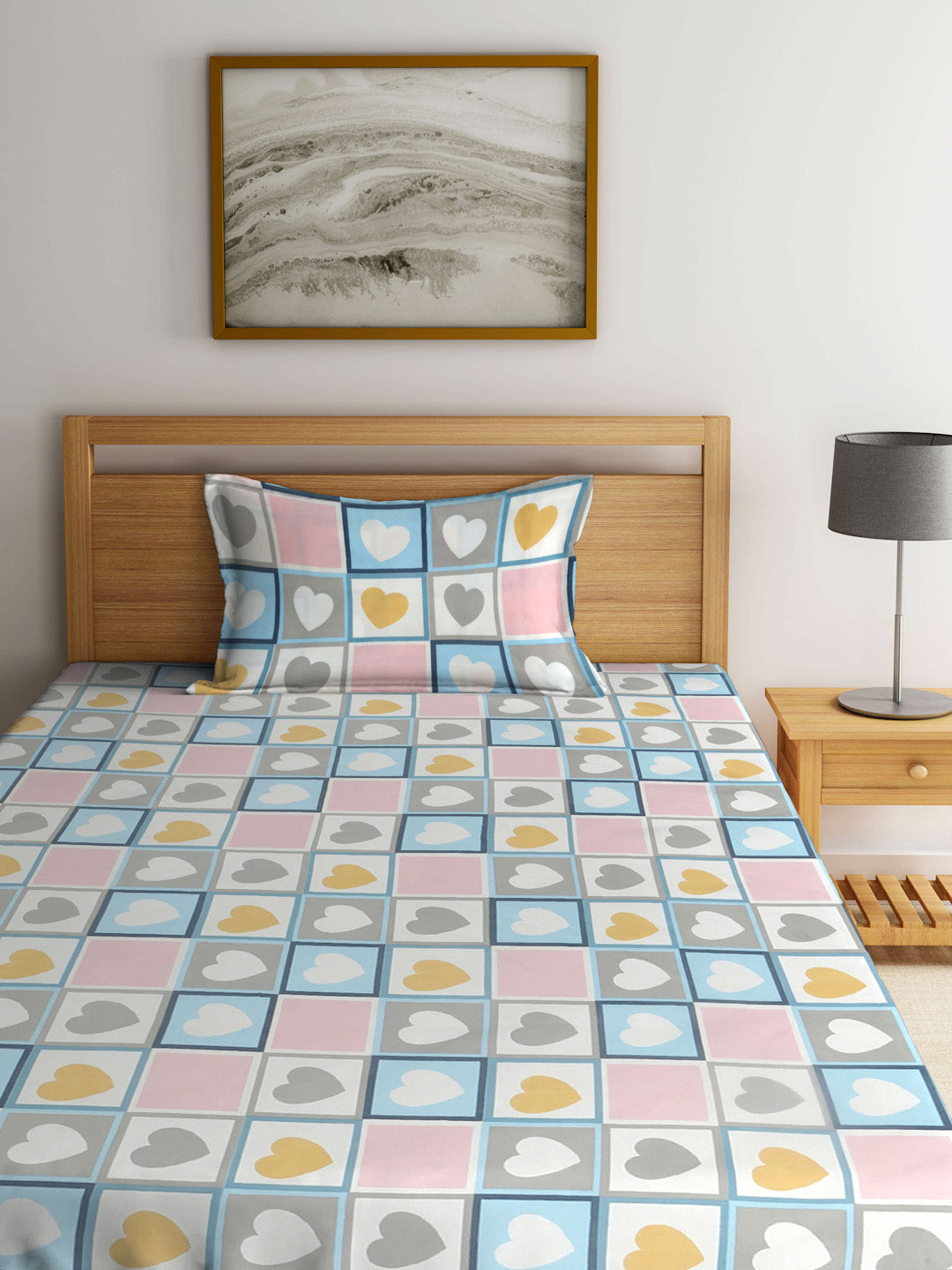 Arrabi Multi Geometric TC Cotton Blend Single Size Bedsheet with 1 Pillow Cover (215 x 150 cm)