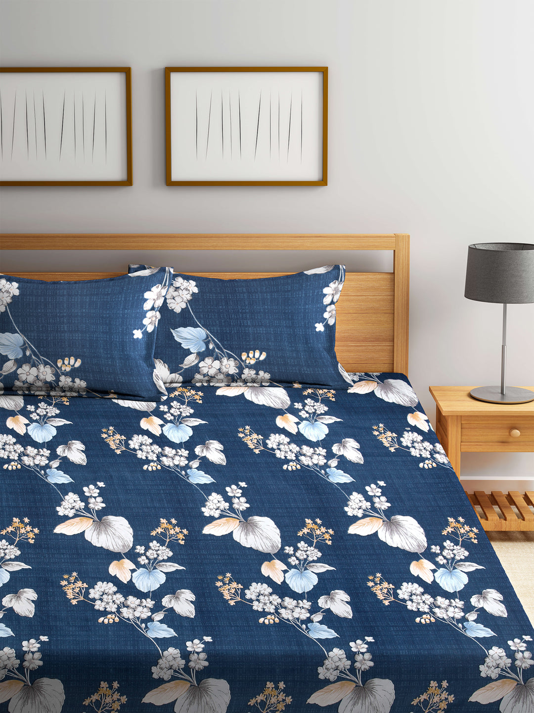 Arrabi Blue Floral TC Cotton Blend Super King Size Fitted Bedsheet with 2 Pillow Covers (270 X 260 Cm)