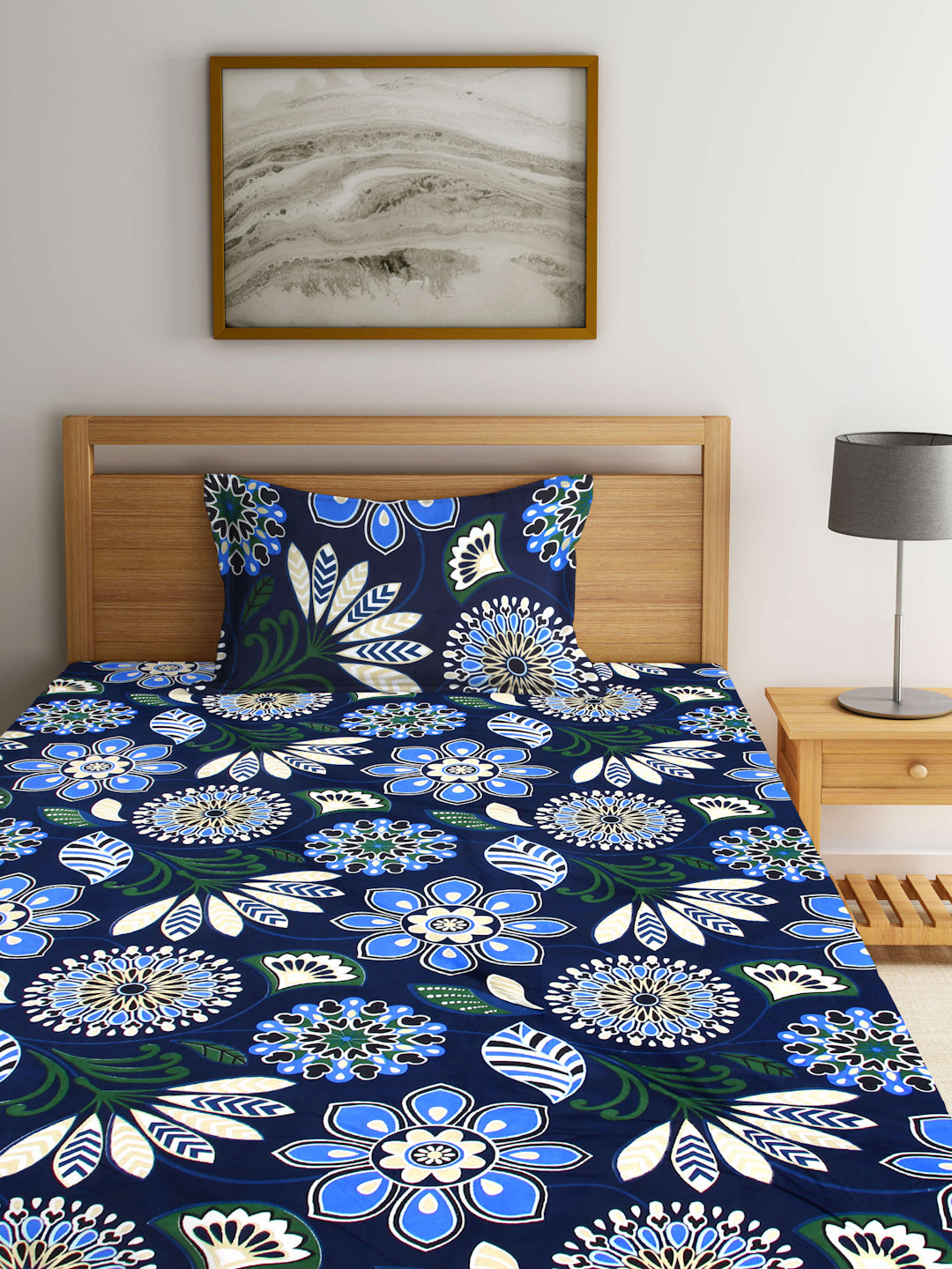 Arrabi Blue Floral TC Cotton Blend Single Size Fitted Bedsheet with 1 Pillow Cover (215 X 150 cm)