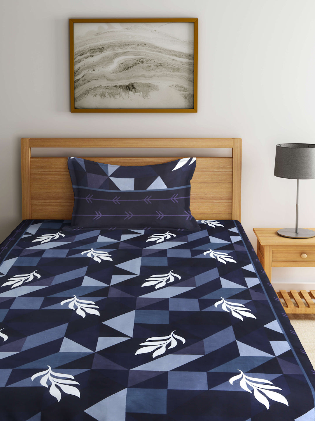 Arrabi Blue Graphic TC Cotton Blend Single Size Bedsheet with 1 Pillow Cover (215 X 150 cm)