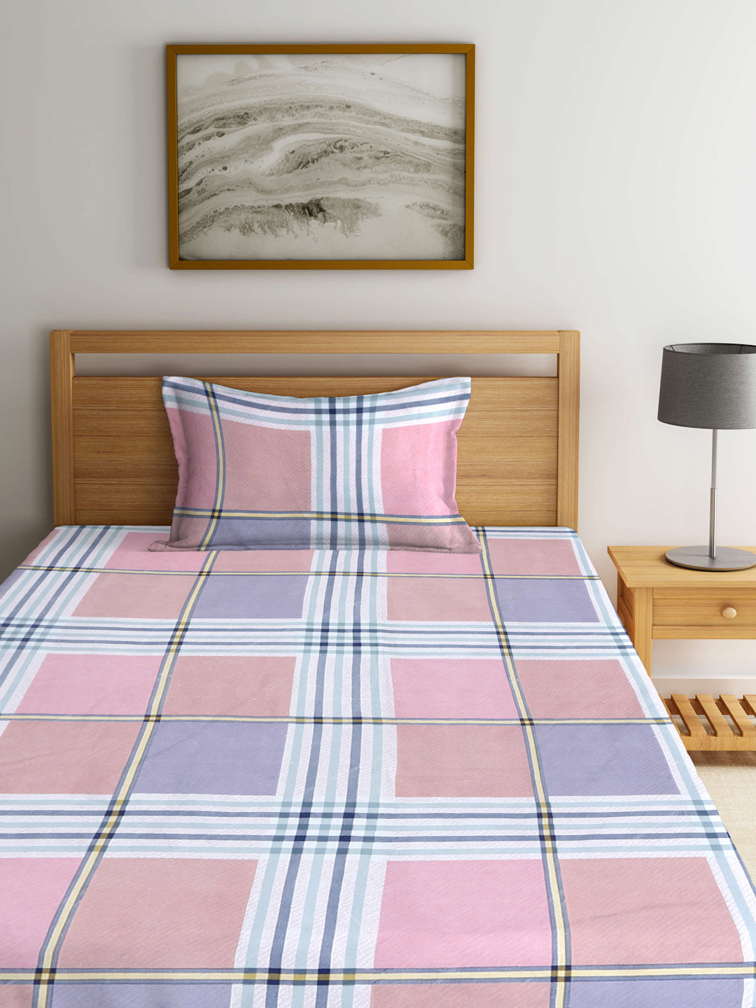 Arrabi Multi Geometric TC Cotton Blend Single Size Fitted Bedsheet with 1 Pillow Cover (215 X 150 cm)