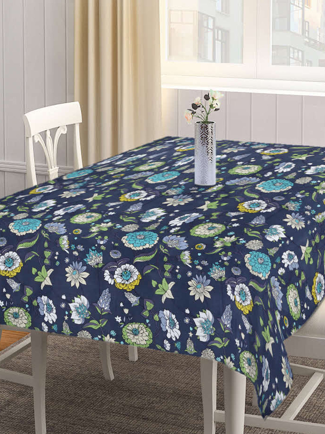Arrabi Grey Floral Cotton Blend 6 SEATER Table Cover (180 X 130 cm)