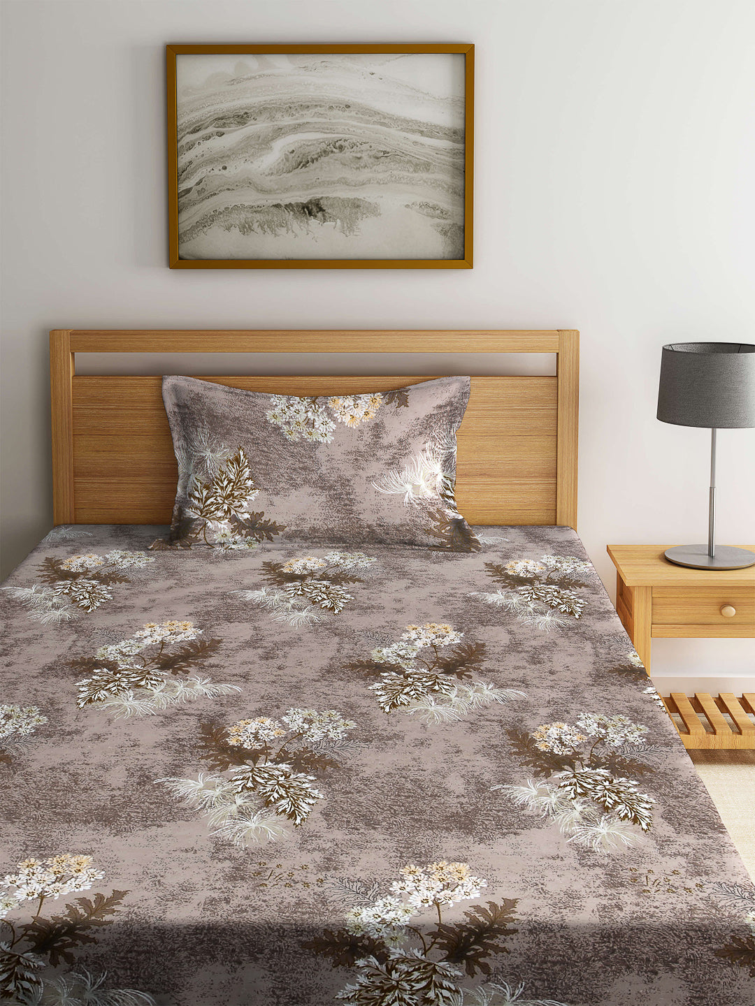 Arrabi Brown Floral TC Cotton Blend Single Size Fitted Bedsheet with 1 Pillow Cover (220 X 150 cm)