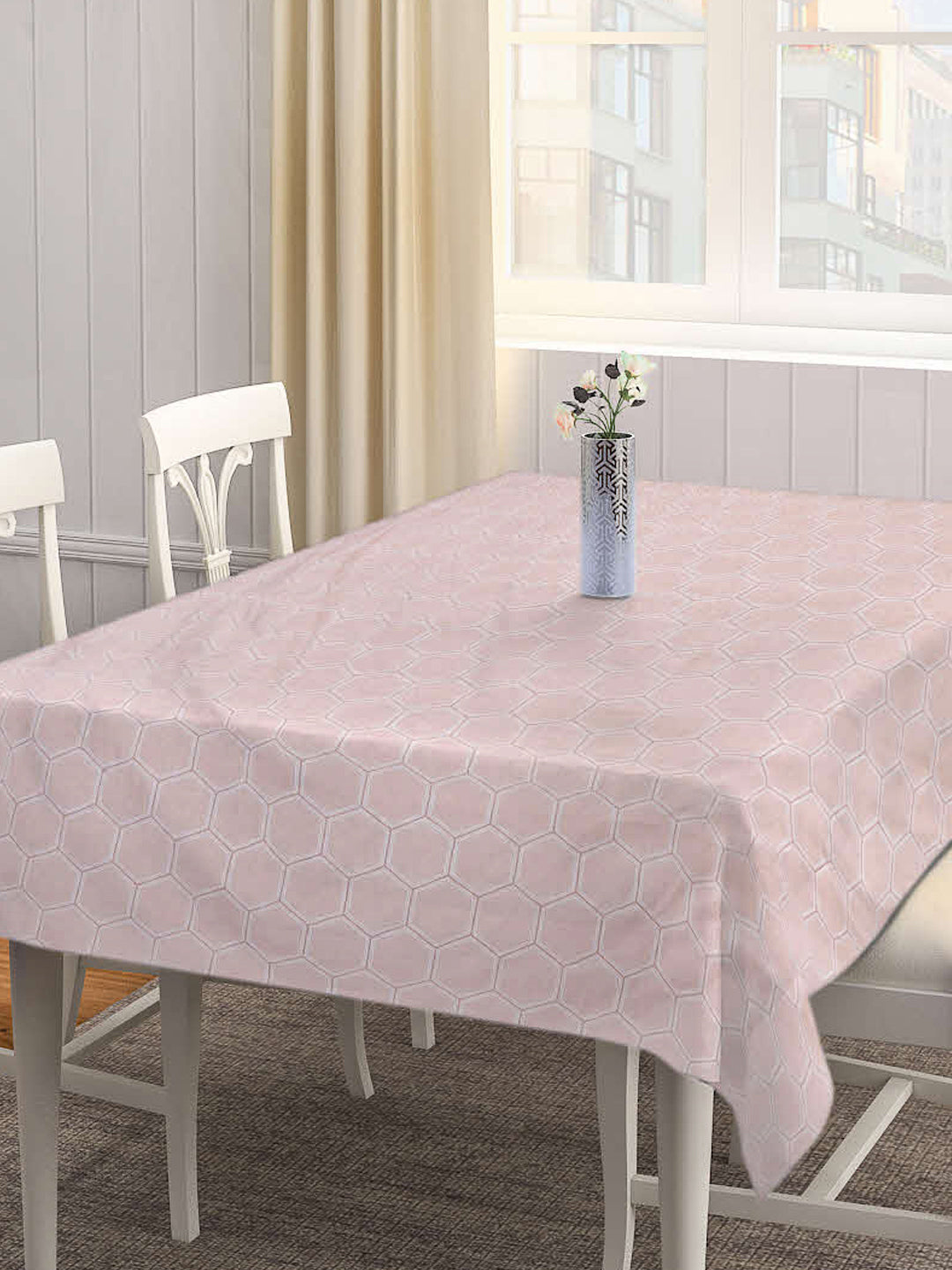 Arrabi Peach Geometric Cotton Blend 8 SEATER Table Cover (215 X 150 cm)