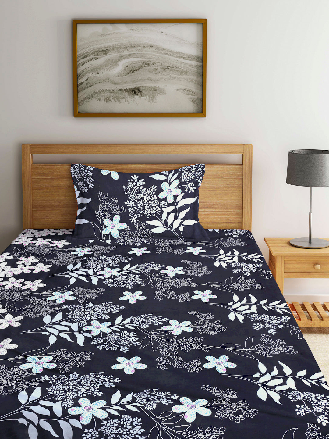 Arrabi Black Floral TC Cotton Blend Single Size Bedsheet with 1 Pillow Cover (220 x 150 cm)