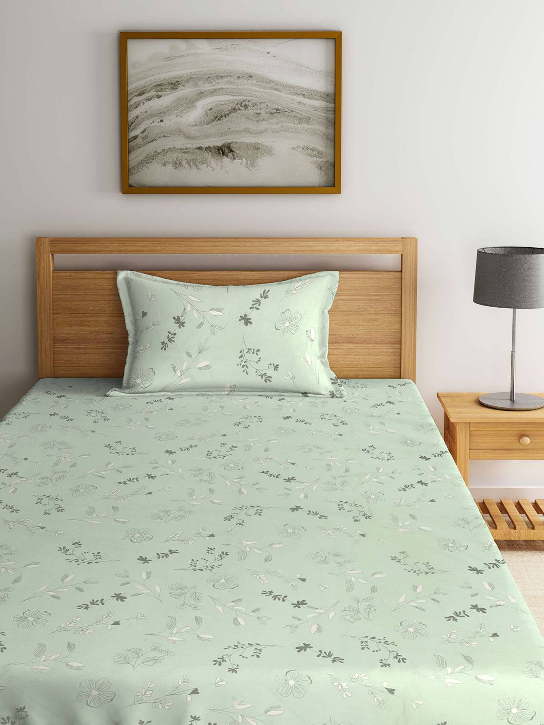 Arrabi Green Floral TC Cotton Blend Single Size Bedsheet with 1 Pillow Cover (215 x 150 cm)