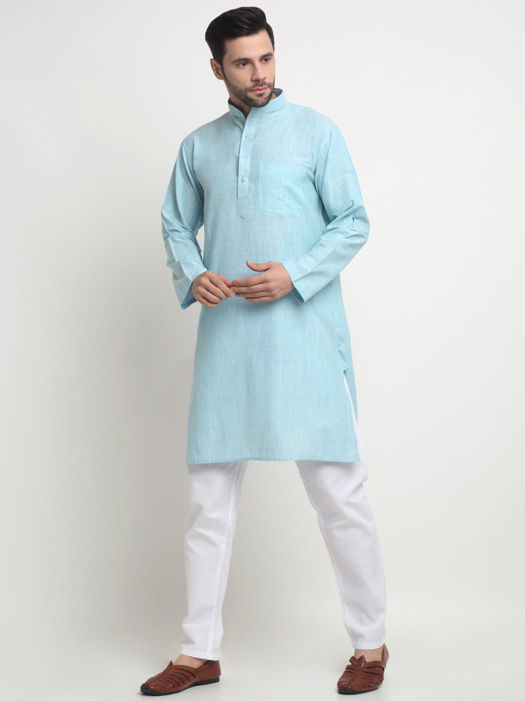 Arrabi Men Blue Pure Cotton Solid Kurta with Churidar Pyjama