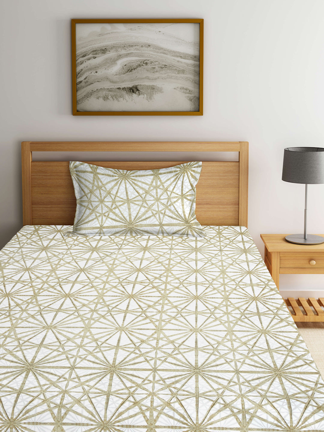 Arrabi Beige Graphic TC Cotton Blend Single Size Bedsheet with 1 Pillow Cover (215 X 150 cm)