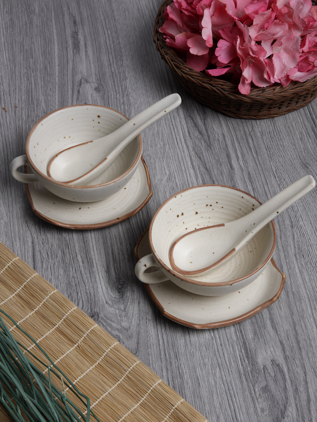 Stoneware Handcrafted Matte Soup Bowls With Plate & Spoon (Set of 2)