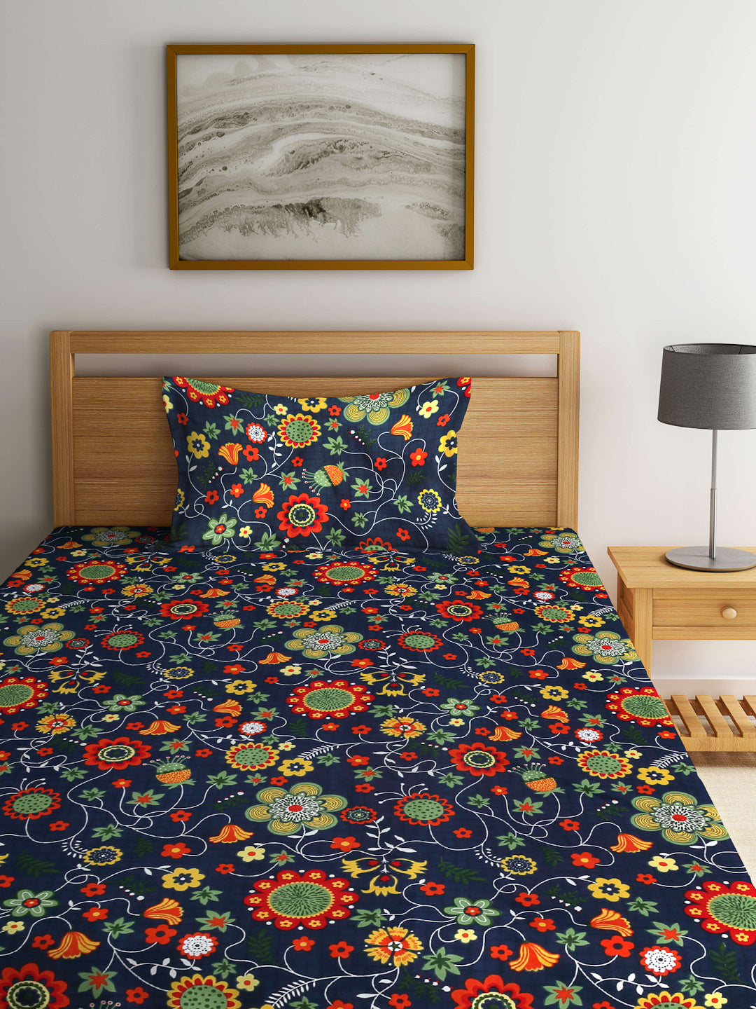 Arrabi Blue Floral TC Cotton Blend Single Size Fitted Bedsheet with 1 Pillow Cover (215 X 150 cm)