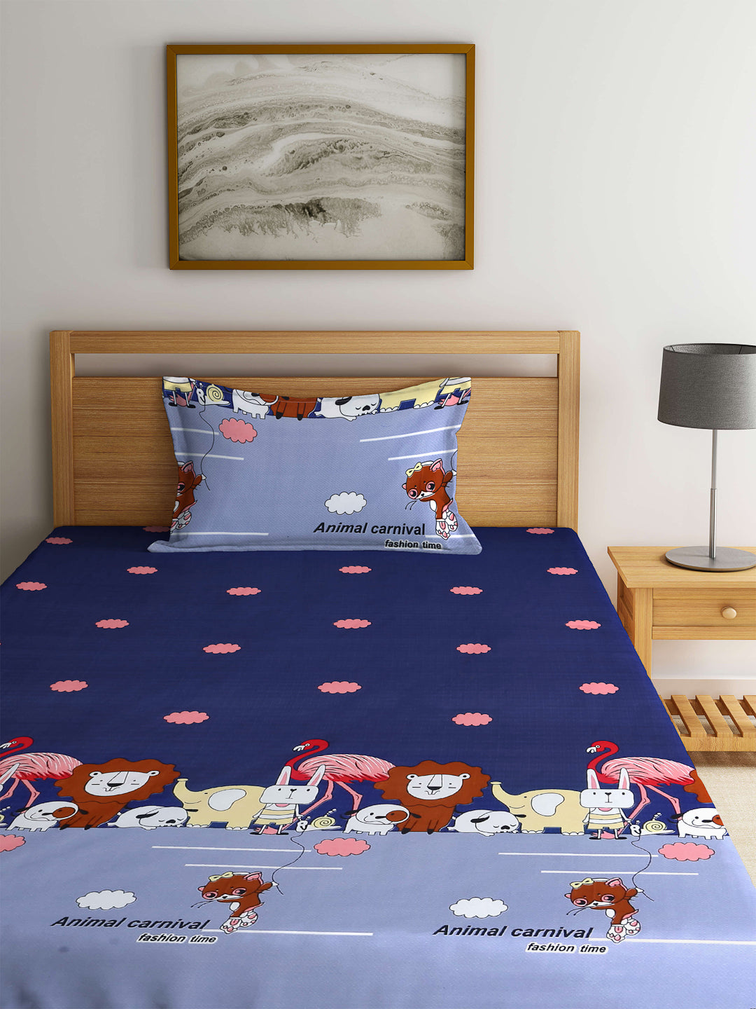 Arrabi Blue Cartoon TC Cotton Blend Single Size Fitted Bedsheet with 1 Pillow Cover (220 X 150 cm)