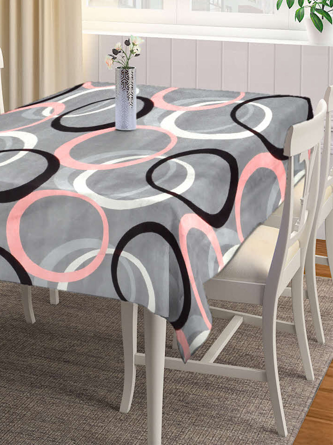 Arrabi Grey Goemetric Cotton Blend 8 SEATER Table Cover (215 x 150 cm)