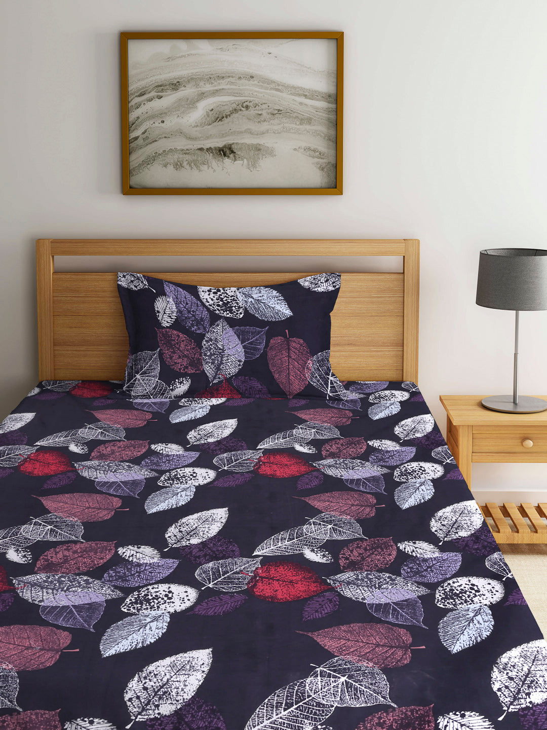 Arrabi Black Leaf TC Cotton Blend Single Size Bedsheet with 1 Pillow Cover (220 x 150 cm)