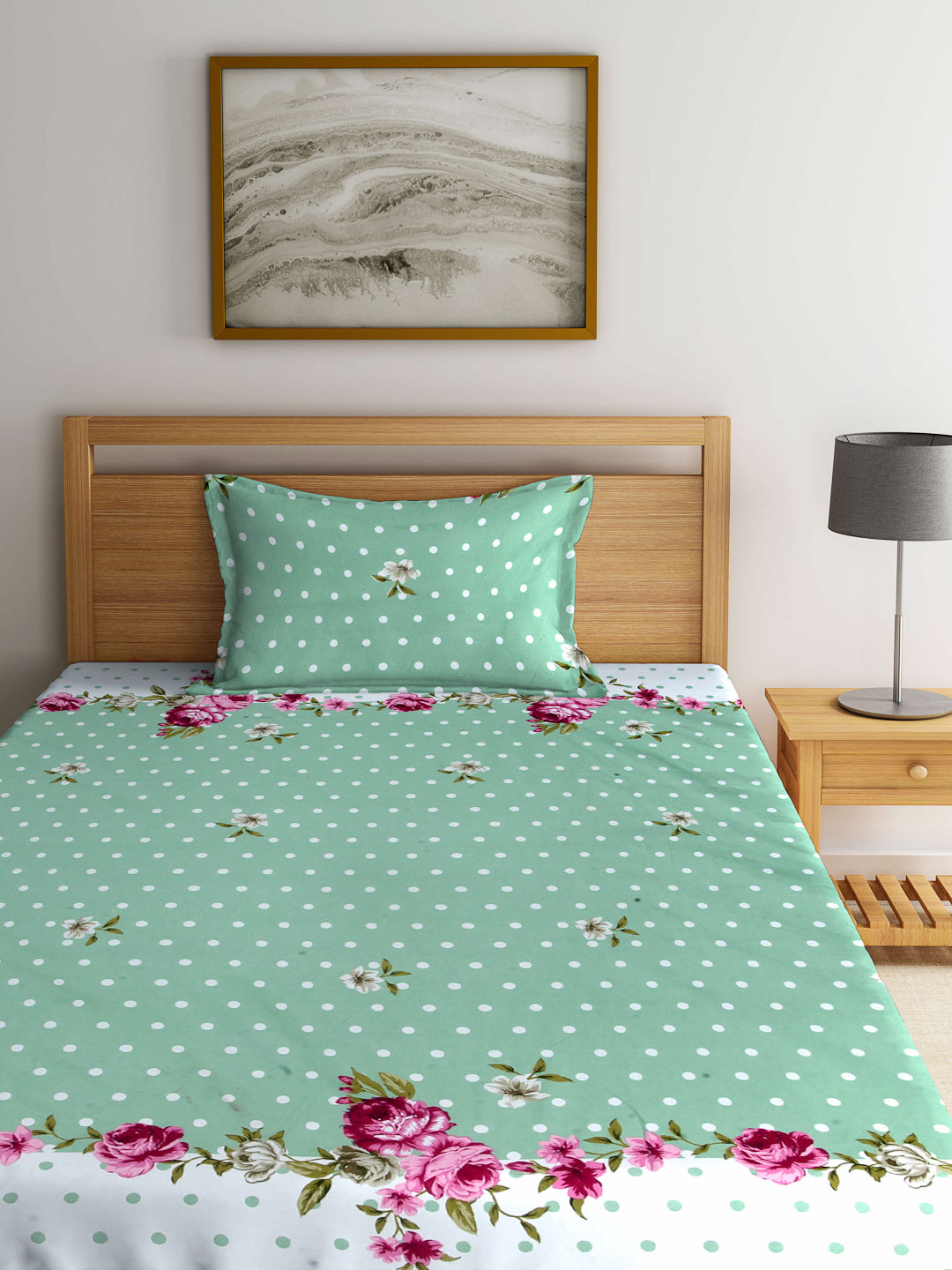 Arrabi Green Floral TC Cotton Blend Single Size Bedsheet with 1 Pillow Cover (215 x 150 cm)