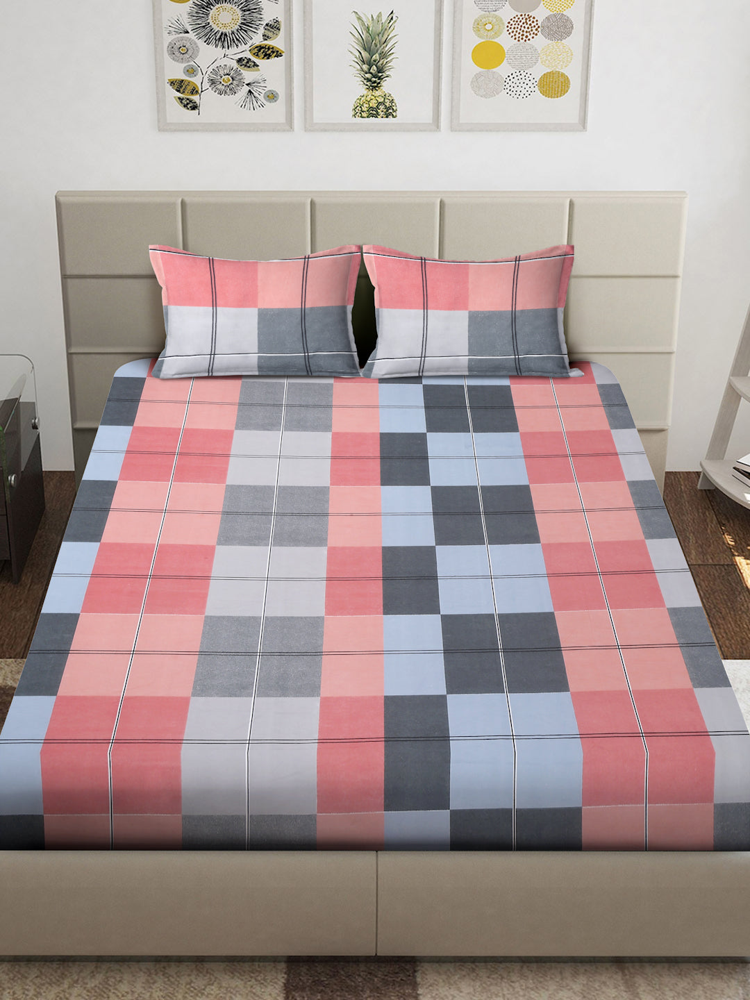 Arrabi Blue Geometric TC Cotton Blend King Size Bedsheet with 2 Pillow Covers (250 x 215 cm)