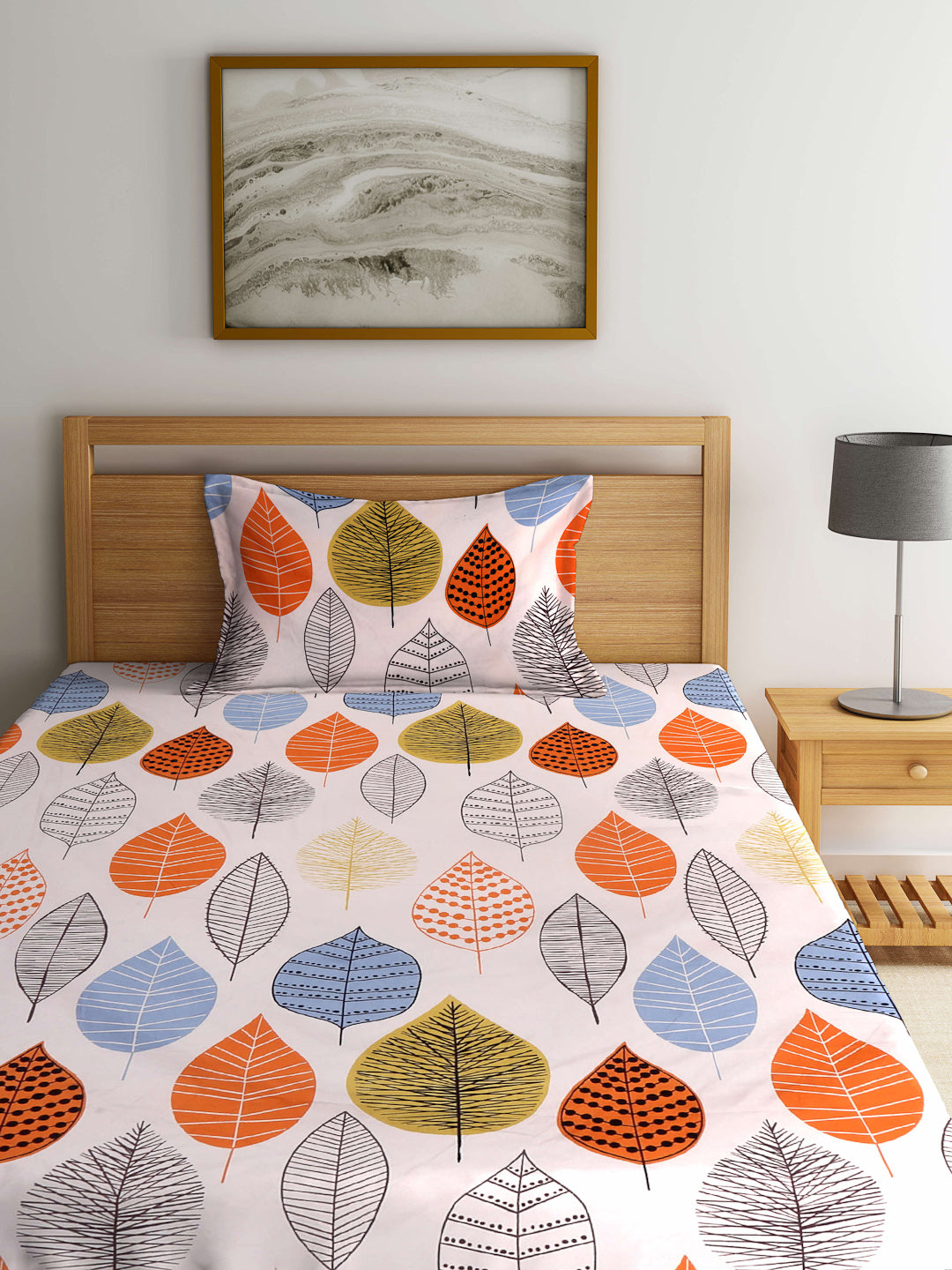 Arrabi Peach Leaf TC Cotton Blend Single Size Fitted Bedsheet with 1 Pillow Cover (215 X 150 cm)