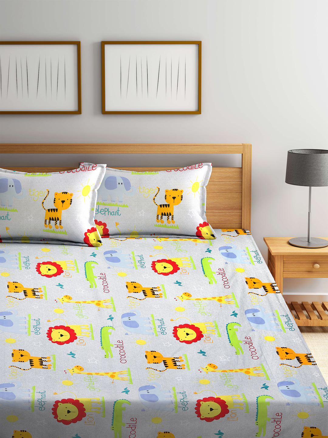 Arrabi Multi Cartoon TC Cotton Blend King Size Bookfold Bedsheet with 2 Pillow Covers (250 X 220 cm)