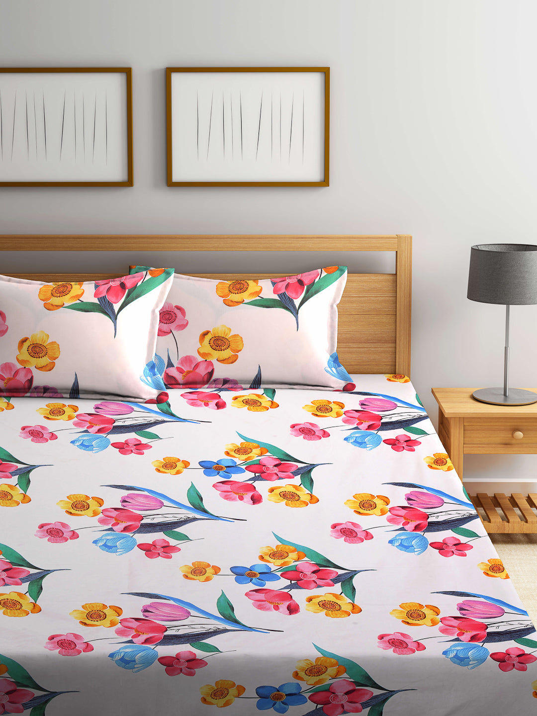 Arrabi Multi Floral TC Cotton Blend King Size Bookfold Bedsheet with 2 Pillow Covers (250 X 215 cm)