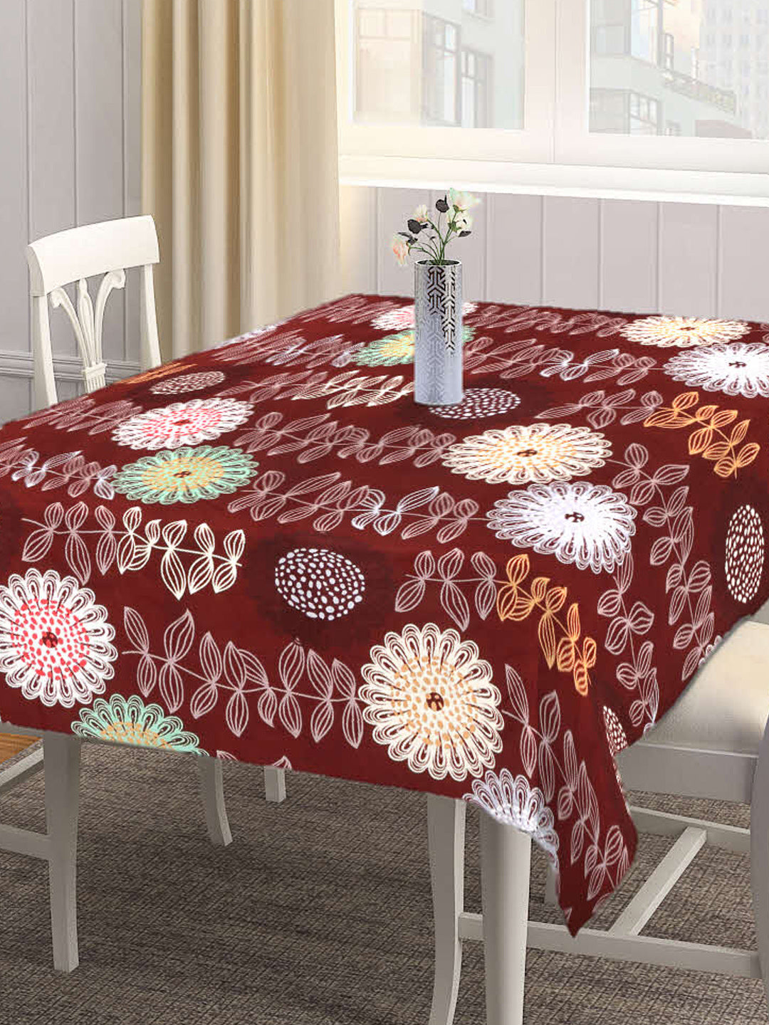 Arrabi Brown Floral Cotton Blend 6 SEATER Table Cover (180 X 130 cm)