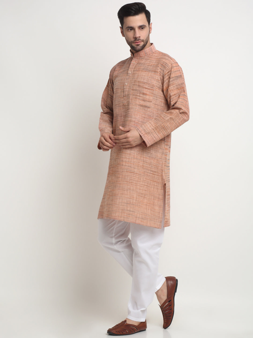 Arrabi Men Indian Fashion Brown Pure Cotton Solid Straight Kurta