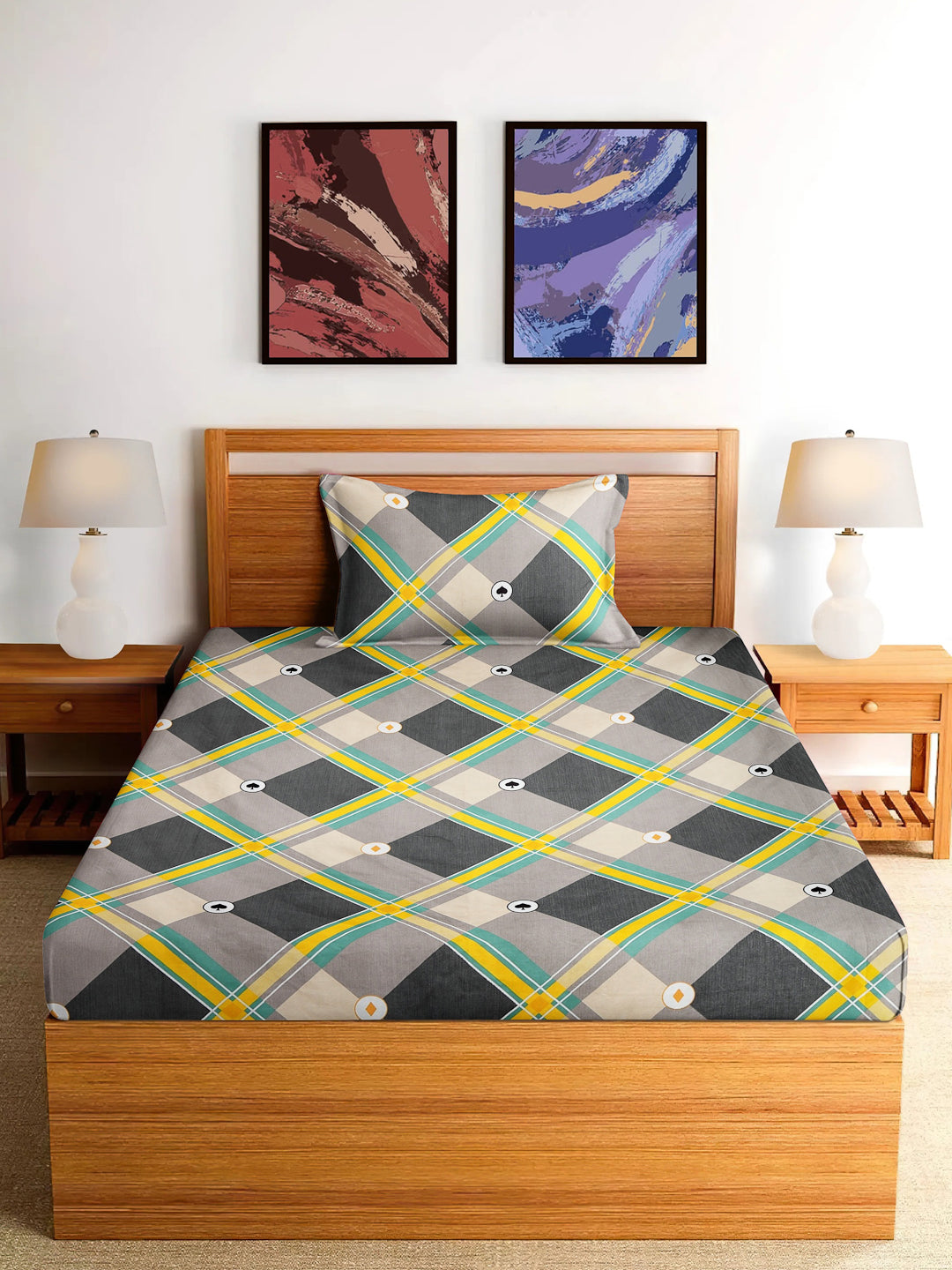 Arrabi Multi Geometric TC Cotton Blend Single Size Bedsheet with 1 Pillow Cover (215 x 150 cm)