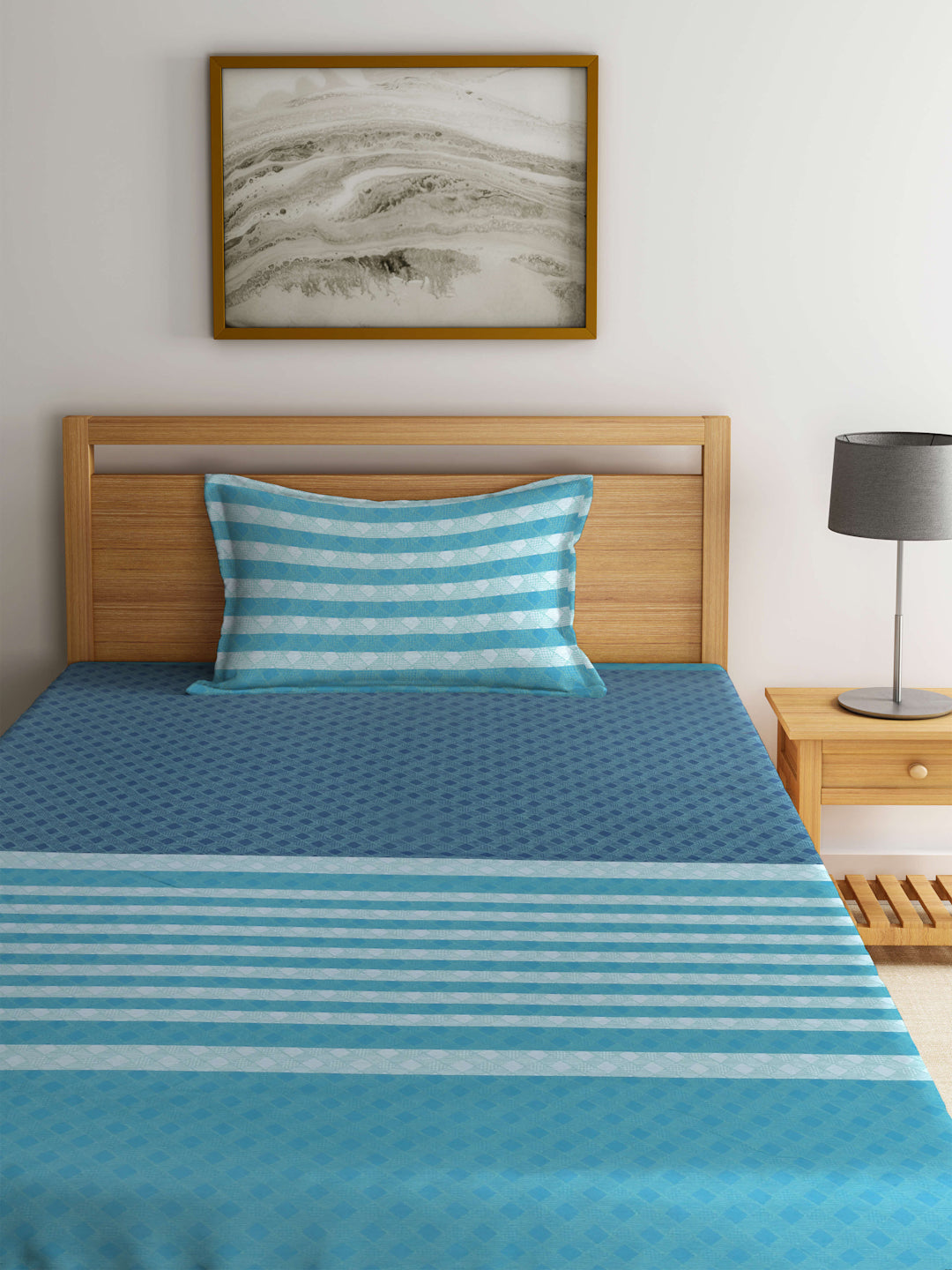 Arrabi Blue Geometric Handwoven Cotton Single Size Bedsheet with 1 Pillow Cover (215 x 150 cm)