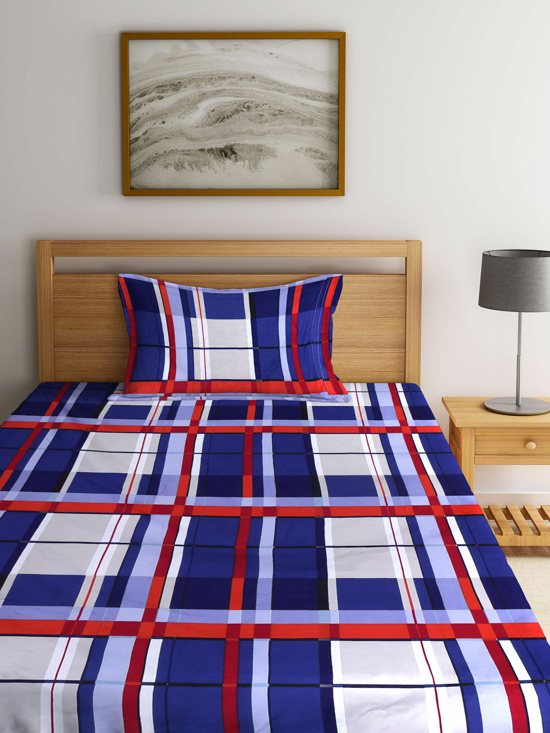 Arrabi Blue Geometric TC Cotton Blend Single Size Bedsheet with 1 Pillow Cover (215 x 150 cm)