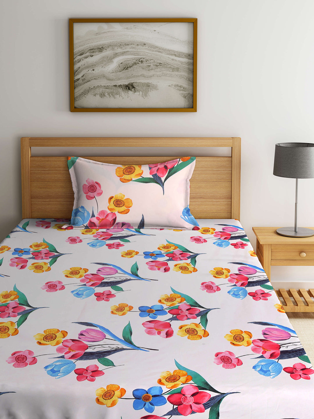 Arrabi Multi Floral TC Cotton Blend Single Size Bedsheet with 1 Pillow Cover (215 x 150 cm)