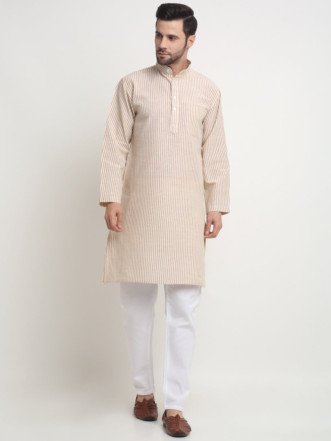 Arrabi Men Multi Pure Cotton Striped Kurta with Churidar Pyjama