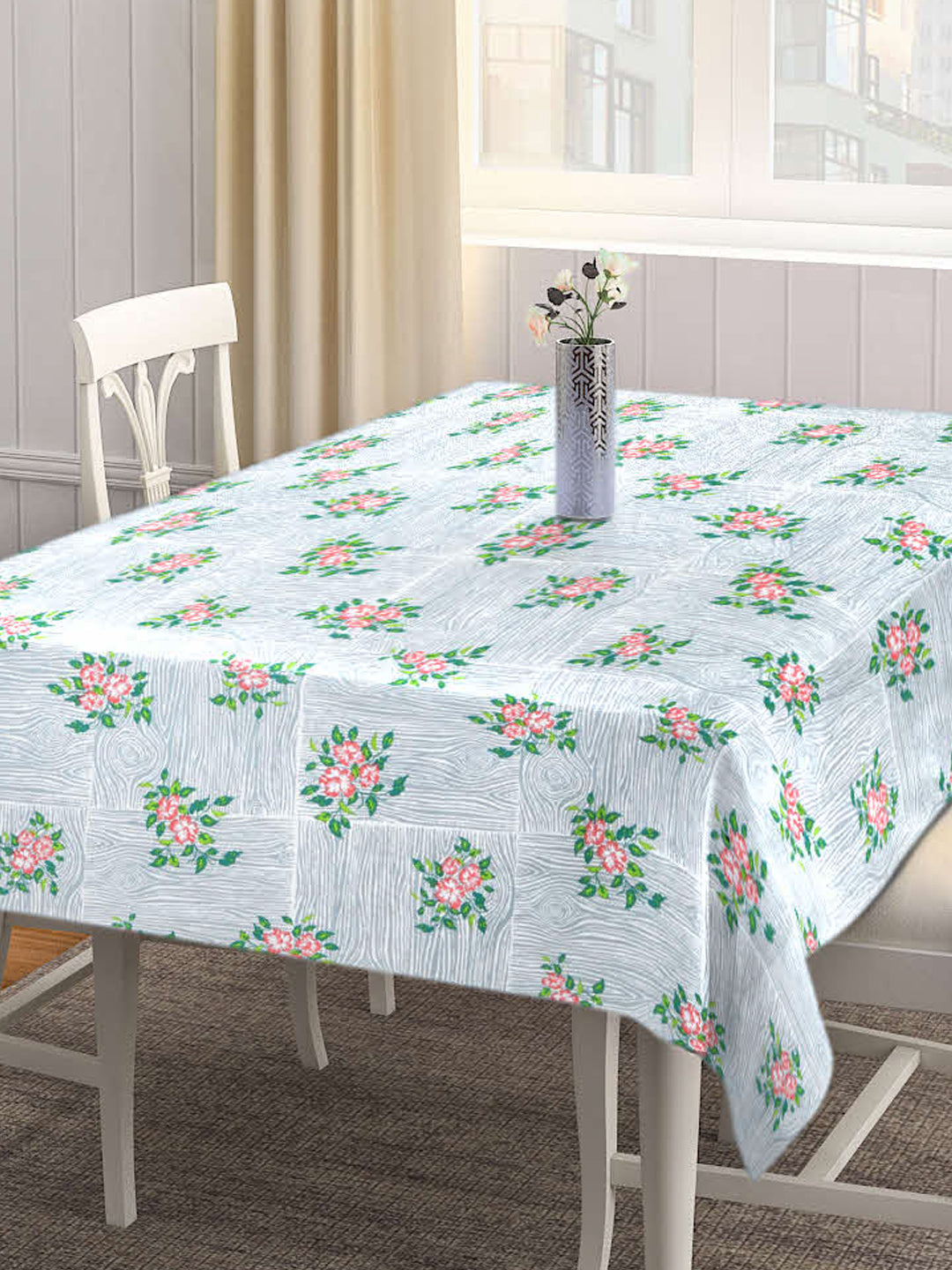 Arrabi Grey Floral Cotton Blend 6 SEATER Table Cover (180 X 130 cm)